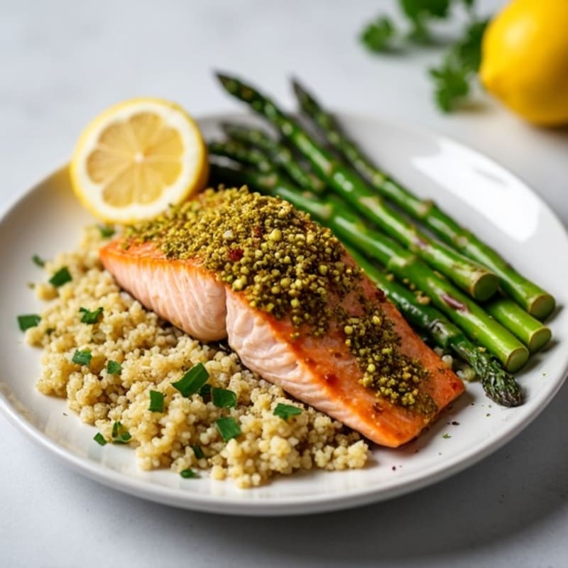 Pistachio-Crusted Salmon with Lemon-Herb Quinoa and Roasted Asparagus