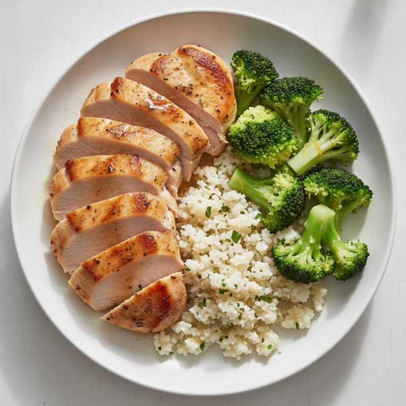 Seared Turkey Breast with Steamed Broccoli and Cauliflower Rice