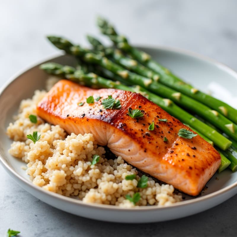 Seared Salmon with Steamed Asparagus and Brown Rice