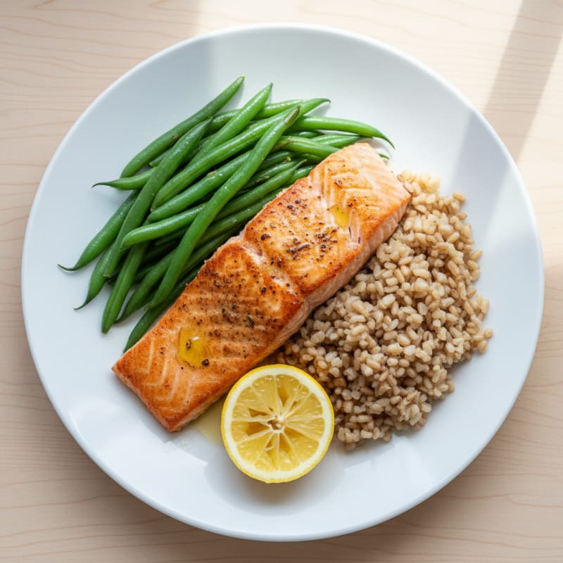 Seared Salmon Fillet with Steamed Green Beans and Brown Rice