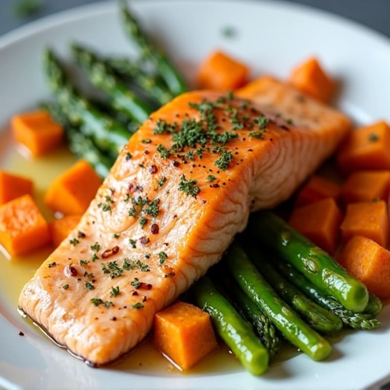 Seared Salmon with Roasted Sweet Potato and Steamed Asparagus