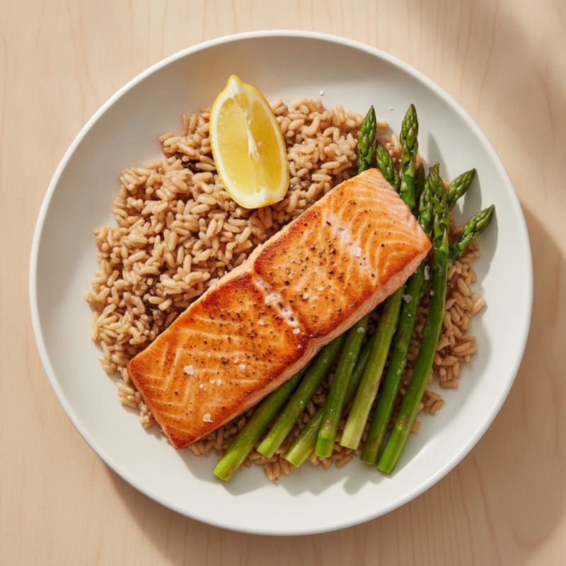 Seared Salmon with Steamed Asparagus and Brown Rice