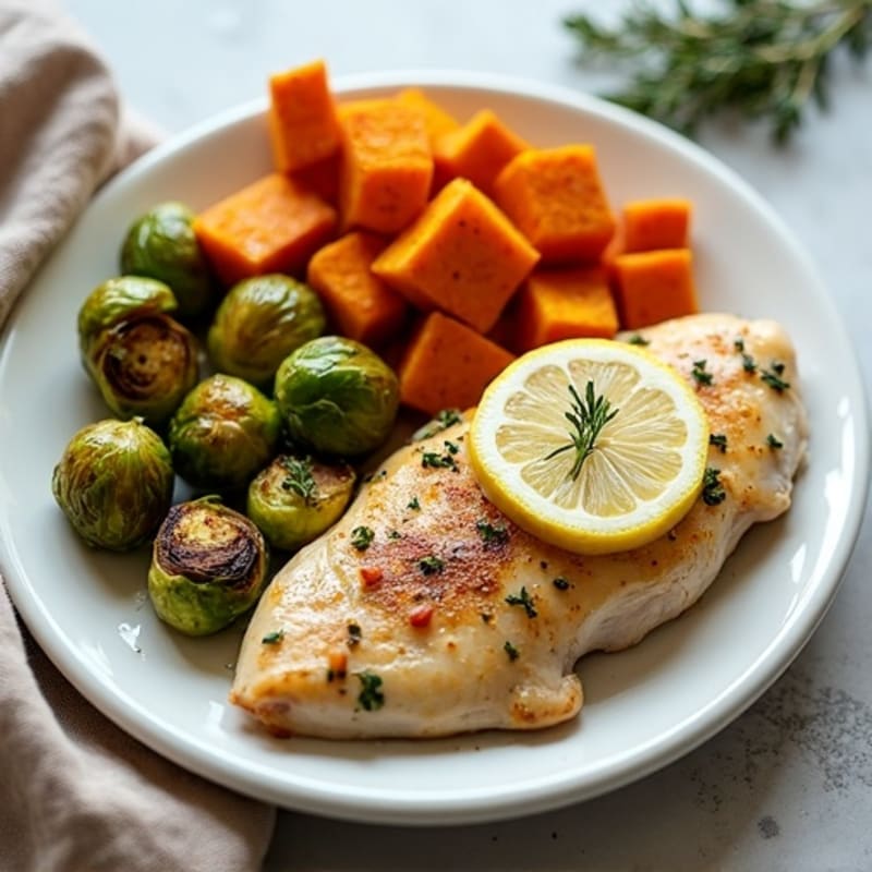 Sheet Pan Lemon Herb Chicken with Roasted Brussels Sprouts and Sweet Potatoes