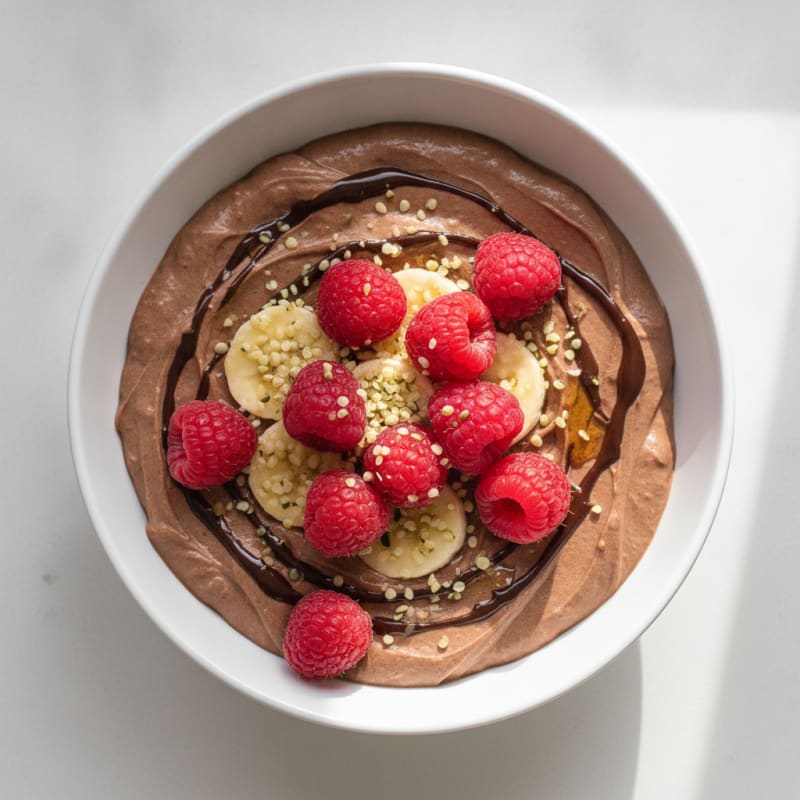 Silky Chocolate Protein Pudding with Flax and Raspberries