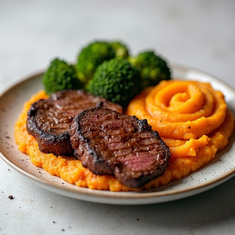 Seared Beef Strips with Roasted Broccoli and Sweet Potato Mash