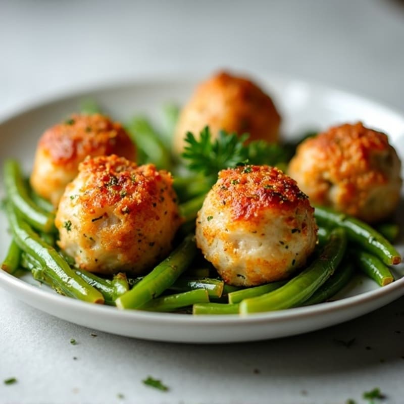 Oven-Baked Chicken Meatballs with Herb-Roasted Potatoes and Green Beans