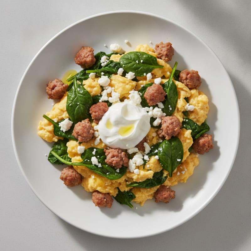 Creamy Scrambled Eggs with Turkey Sausage and Spinach