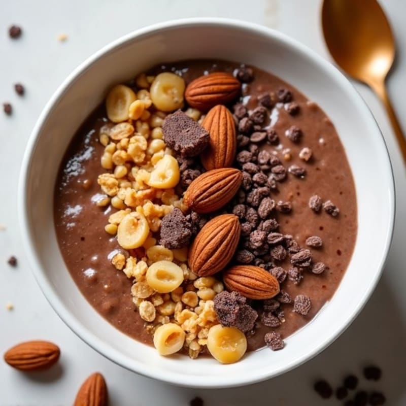 Chocolate Peanut Butter Protein Oats with Toasted Almonds and Cacao Nibs