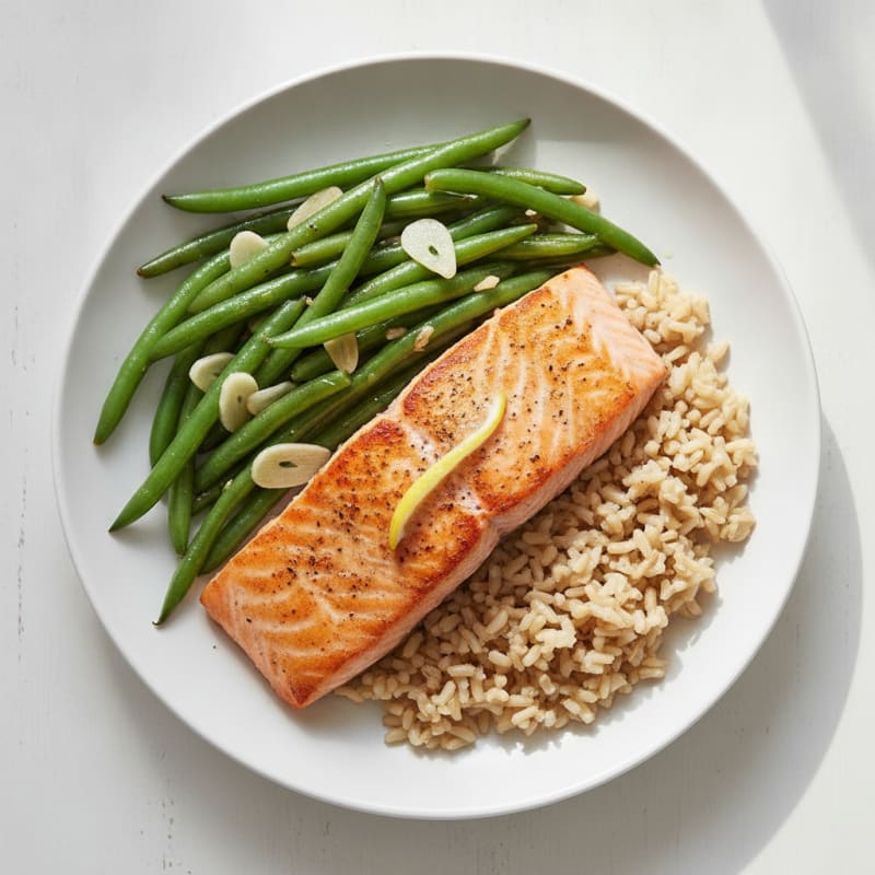 Seared Salmon with Garlic Green Beans and Brown Rice