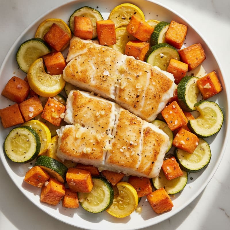 Roasted Cod with Zucchini and Sweet Potatoes