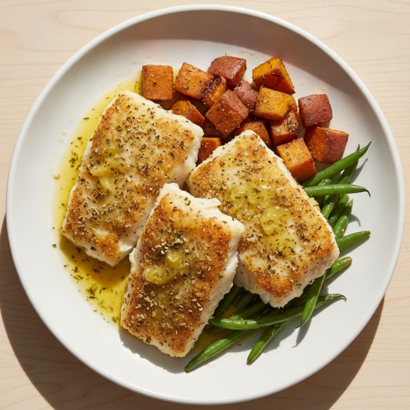 Herb-Baked Cod with Roasted Sweet Potatoes and Green Beans