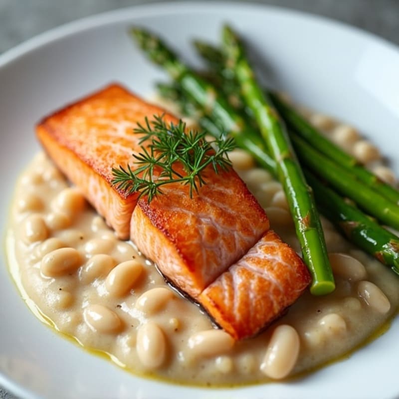 Seared Salmon with Creamy White Bean Mash and Steamed Asparagus