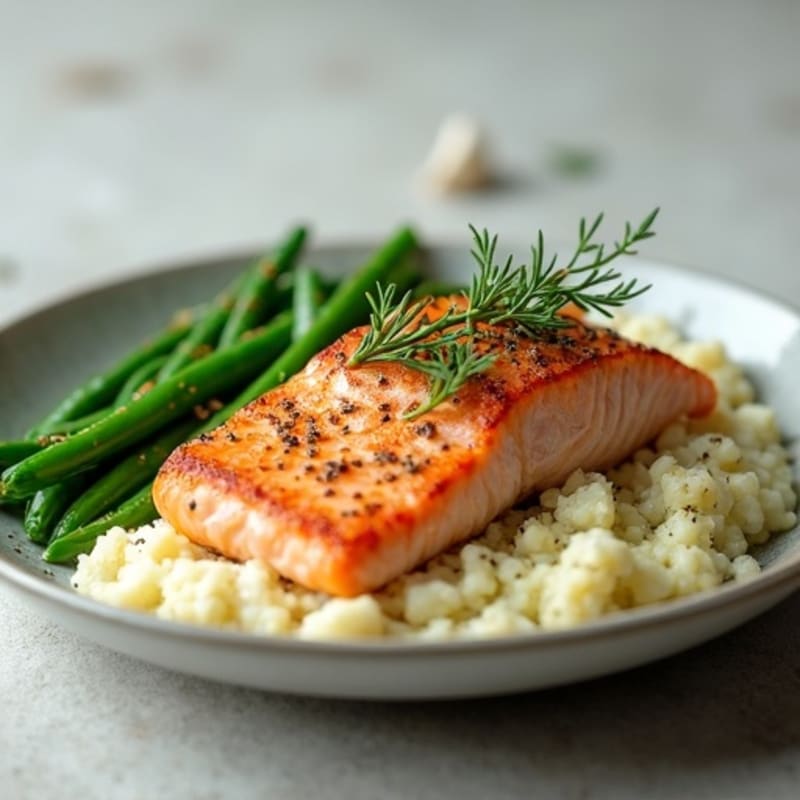 Seared Salmon with Steamed Green Beans and Garlic Mashed Cauliflower