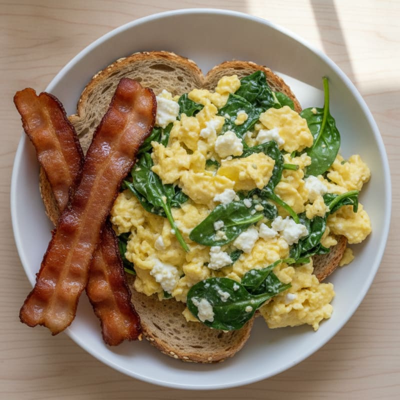 Cottage Cheese Egg Scramble with Spinach and Turkey Bacon