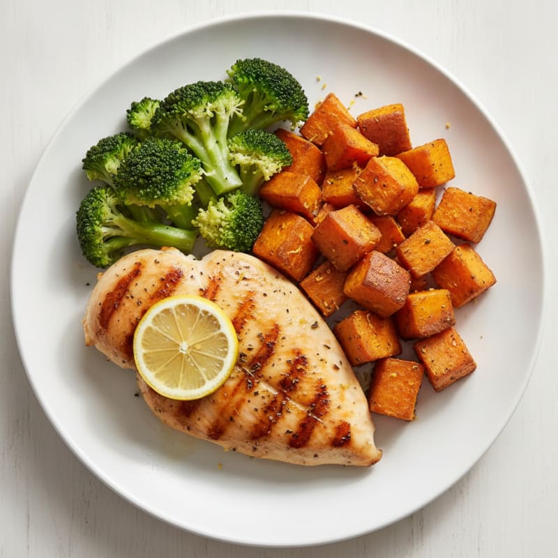 Grilled Chicken Breast with Roasted Sweet Potato and Steamed Broccoli