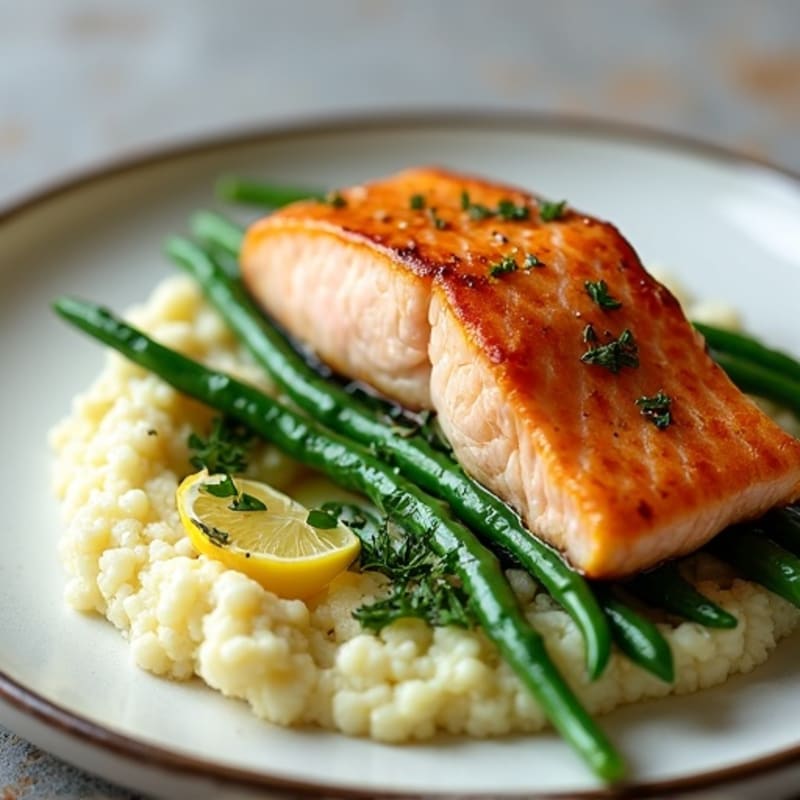 Seared Salmon with Steamed Green Beans and Cauliflower Mash