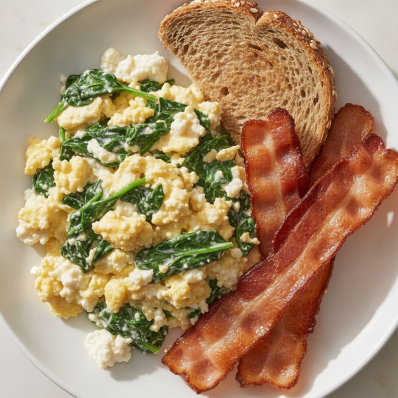 Cottage Cheese Scramble with Spinach and Turkey Bacon