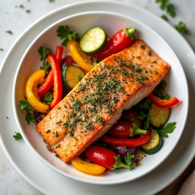 Herb-Crusted Baked Salmon with Roasted Rainbow Vegetables