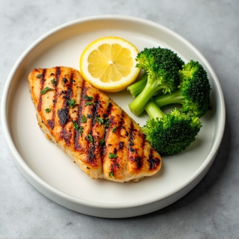 Grilled Chicken Breast with Steamed Broccoli and Lemon