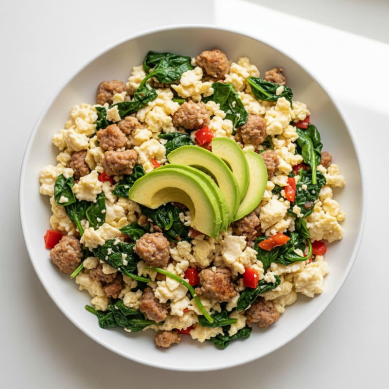 Egg White Scramble with Turkey Sausage and Sautéed Spinach