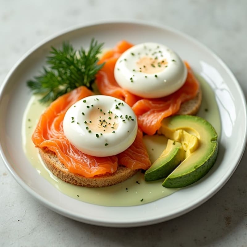 Healthy Poached Egg Plate with Smoked Salmon and Creamy Avocado Dill Sauce