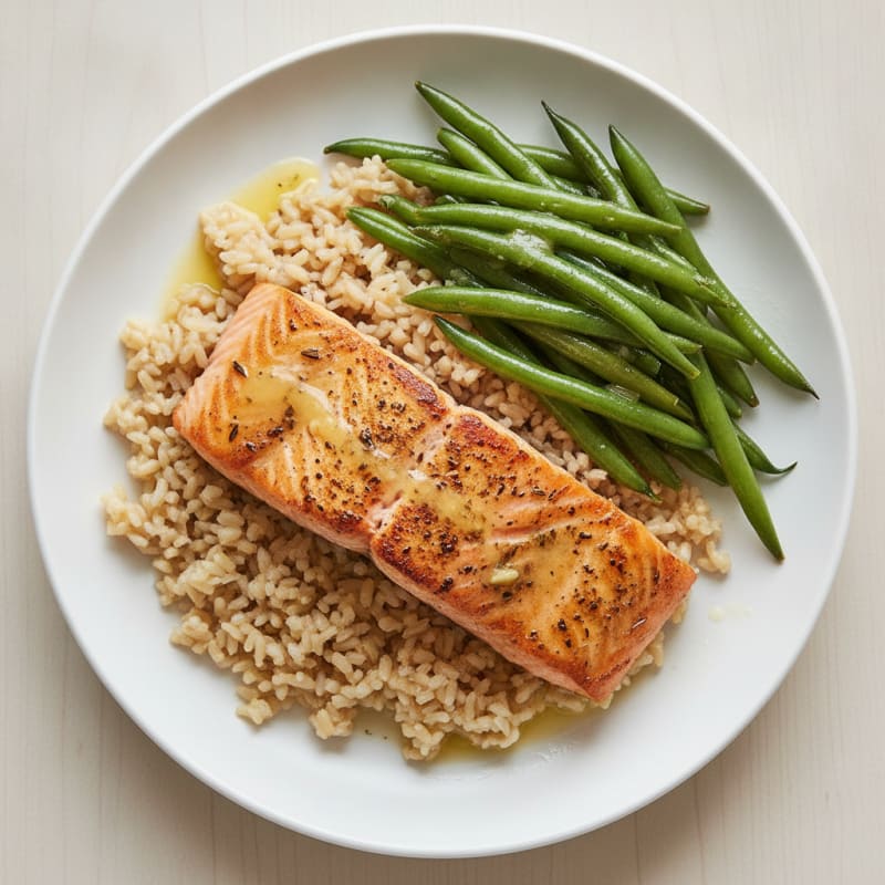 Seared Salmon Filet with Steamed Green Beans and Brown Rice