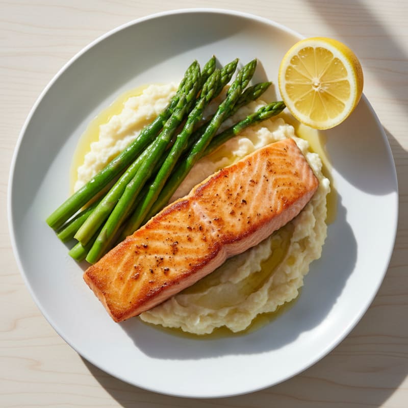 Seared Salmon with Steamed Asparagus and Garlic Mashed Cauliflower