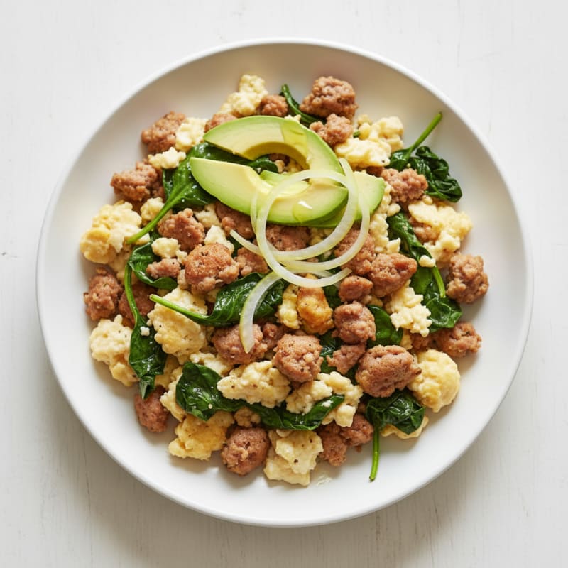 Egg White Scramble with Turkey Sausage and Sautéed Spinach