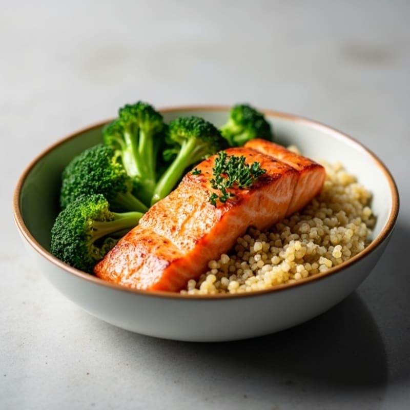 Seared Salmon Bowl with Steamed Broccoli and Quinoa