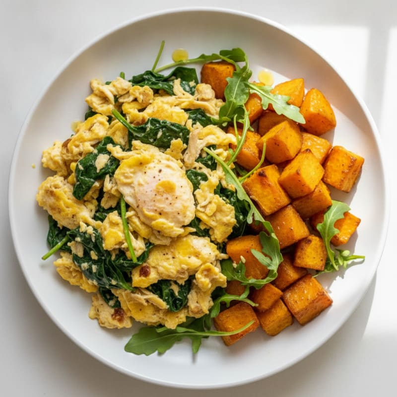 Egg and Spinach Scramble with Roasted Sweet Potatoes
