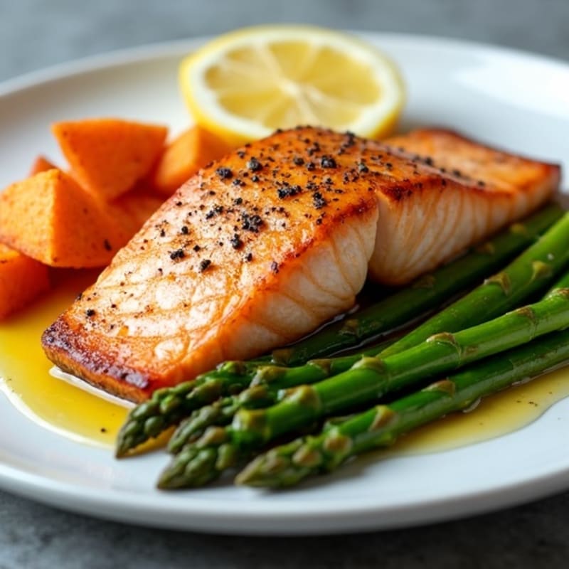 Seared Salmon Fillet with Roasted Sweet Potatoes and Asparagus