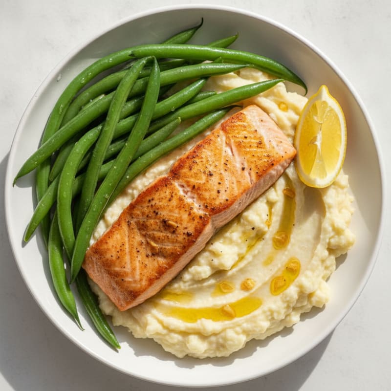 Seared Salmon with Steamed Green Beans and Garlic Mashed Cauliflower