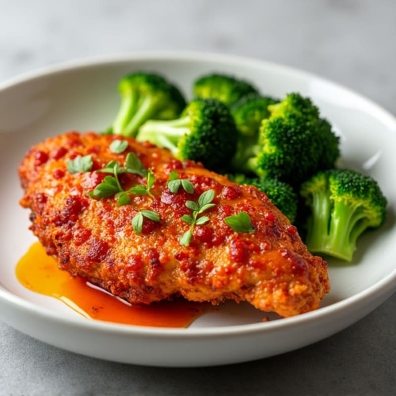 Crispy Baked Chicken with Sweet and Spicy Chili Glaze and Steamed Broccoli