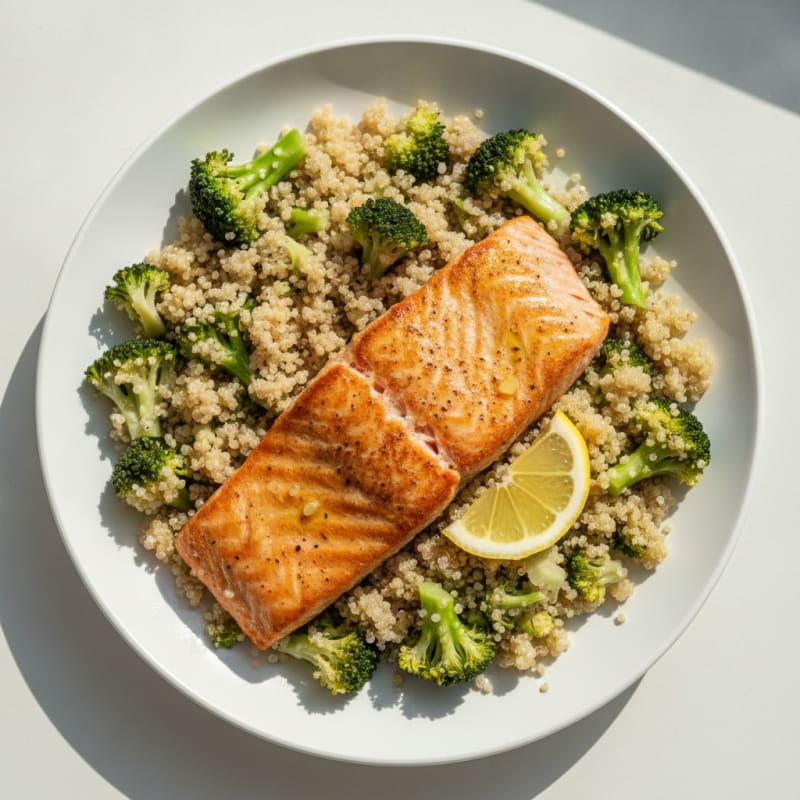 Seared Salmon Fillet with Steamed Broccoli and Quinoa