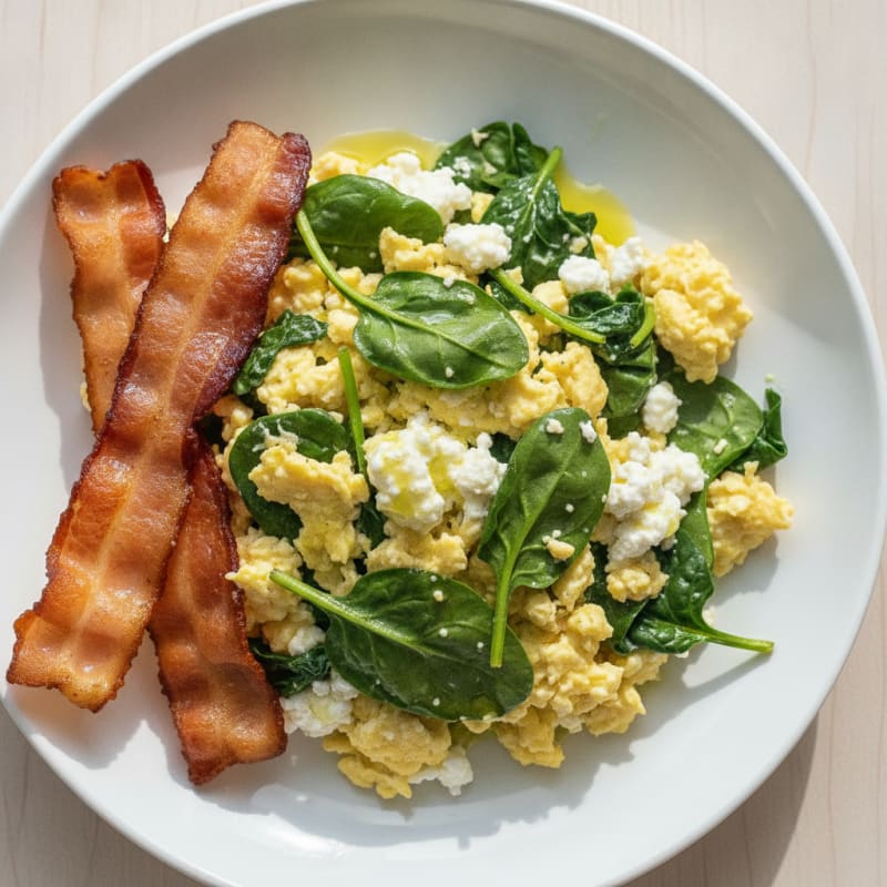 Cottage Cheese Scramble with Turkey Bacon and Spinach