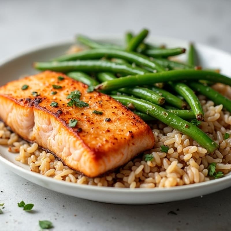 Seared Salmon with Garlic Green Beans and Brown Rice
