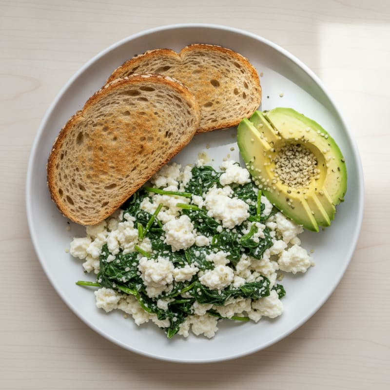 Egg White and Cottage Cheese Scramble with Sautéed Spinach