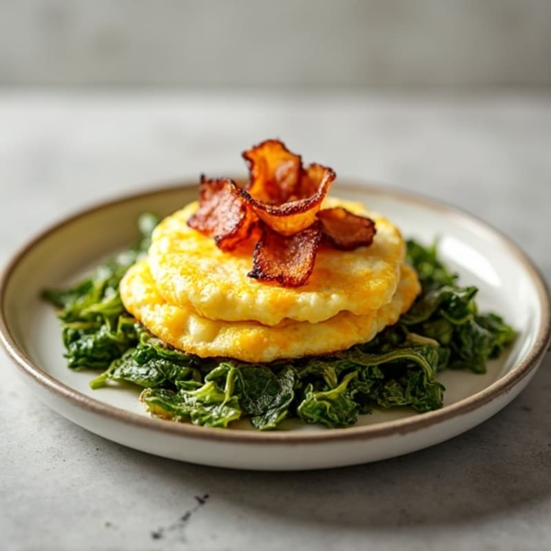 Fluffy Scrambled Eggs with Sautéed Greens and Crispy Bacon