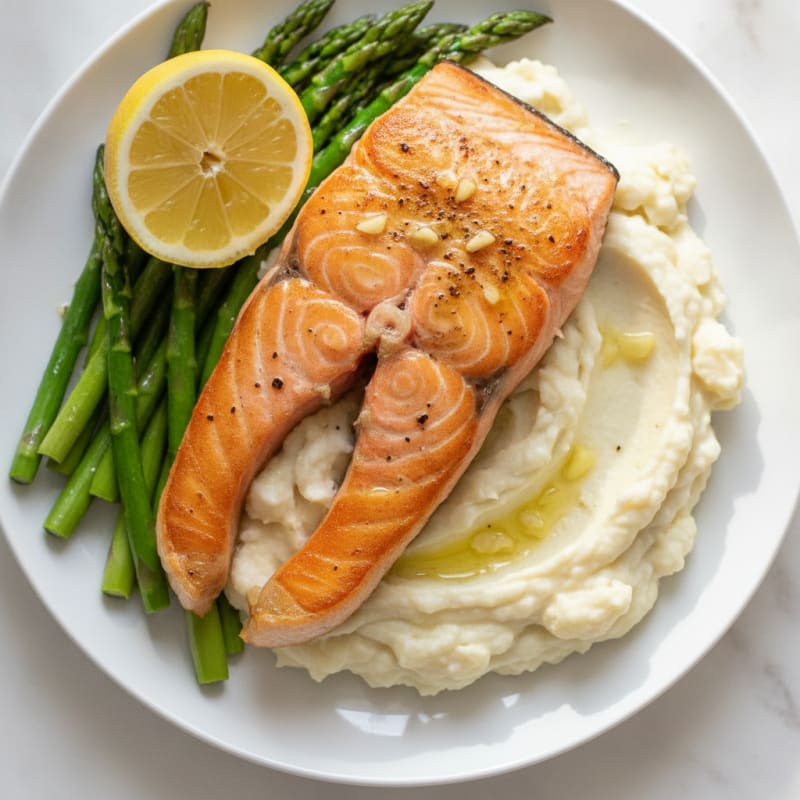 Seared Salmon Fillet with Steamed Asparagus and Garlic Mashed Cauliflower