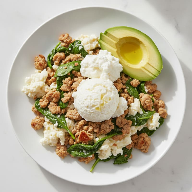 Egg White and Turkey Spinach Scramble with Cottage Cheese