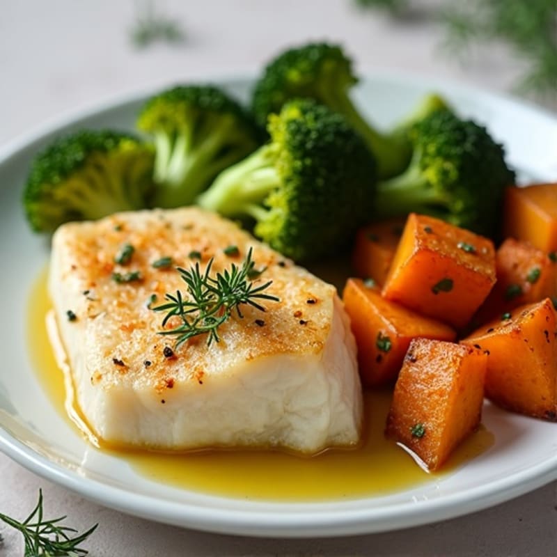 Baked Cod with Roasted Sweet Potato and Broccoli