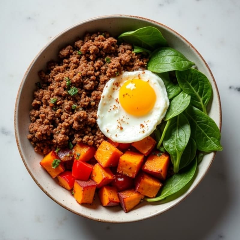 Spiced Sweet Potato and Ground Beef Hash Bowl