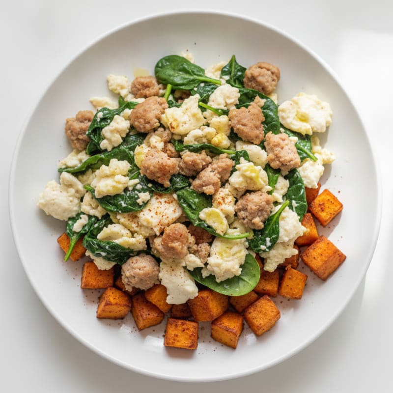 Egg White and Turkey Sausage Scramble with Spinach and Roasted Sweet Potato