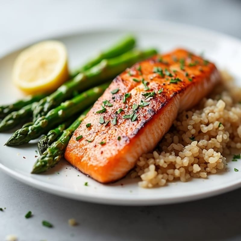 Seared Salmon with Steamed Asparagus and Brown Rice