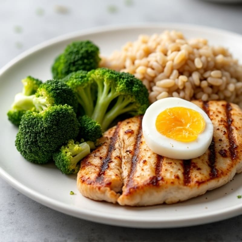 Grilled Chicken Breast with Steamed Broccoli, Brown Rice & Egg White Garnish