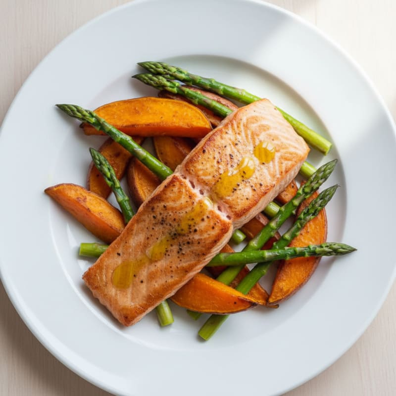 Seared Salmon with Roasted Sweet Potato and Asparagus