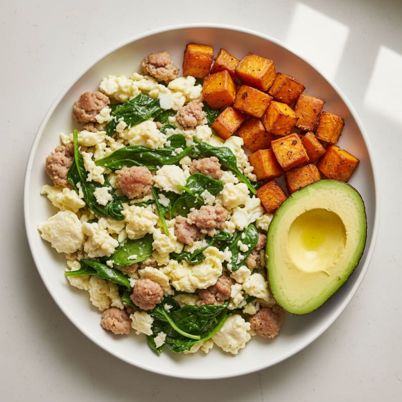 Egg White Scramble with Turkey Sausage and Spinach