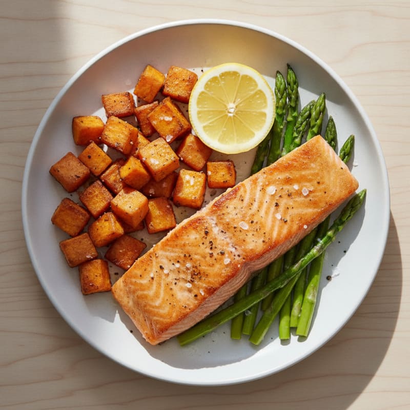 Seared Salmon with Roasted Sweet Potato and Asparagus