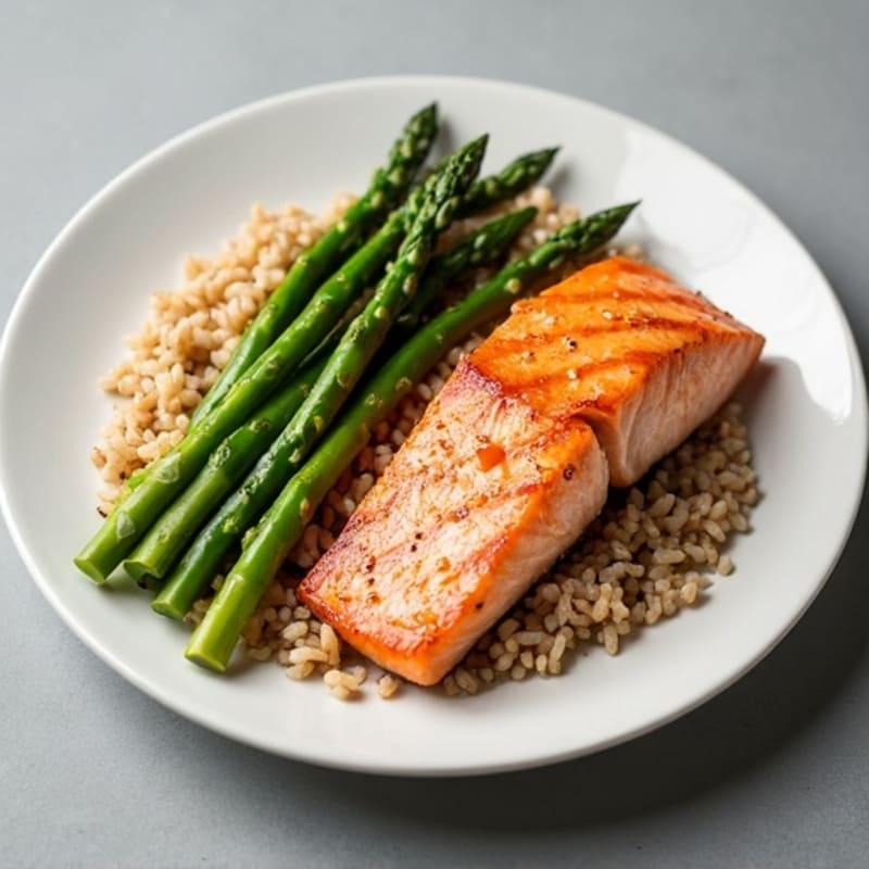 Seared Salmon Fillet with Steamed Asparagus and Brown Rice