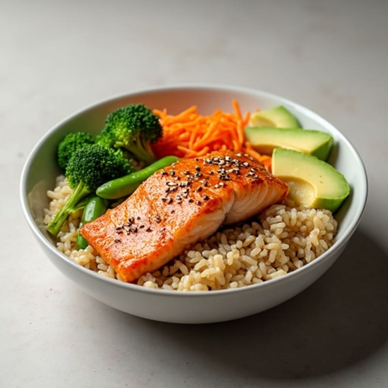 Crispy Salmon Brown Rice Bowl with Avocado and Sesame Vegetables